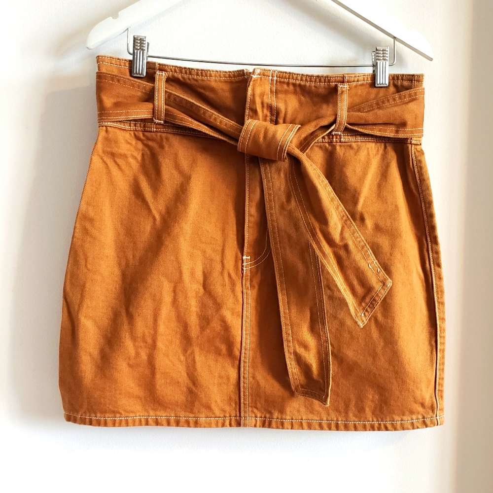 Forever 21 Denim Rustic Mini Skirt Chunky Belt Boho Hippie High Waist 70's Large